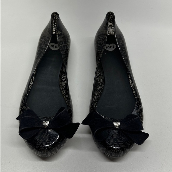 Melissa Mel Pop II Jelly Ballet Flats Shoes Slip On Lace Bow Black Womens Size 7 - Picture 2 of 10